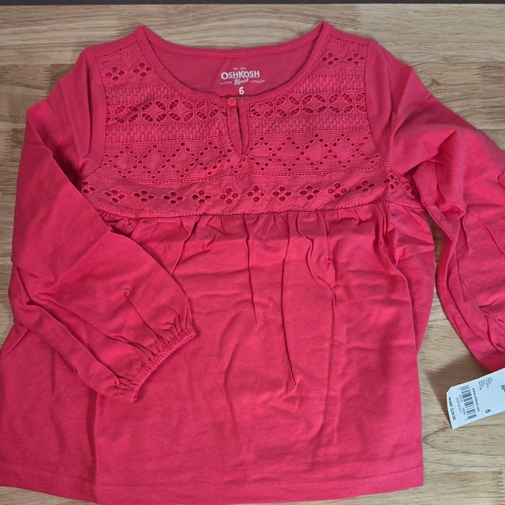 OshKosh Bgosh Girls Pink Eyelet Lace Yoke Long Sleeve Top Size 6 NWT
